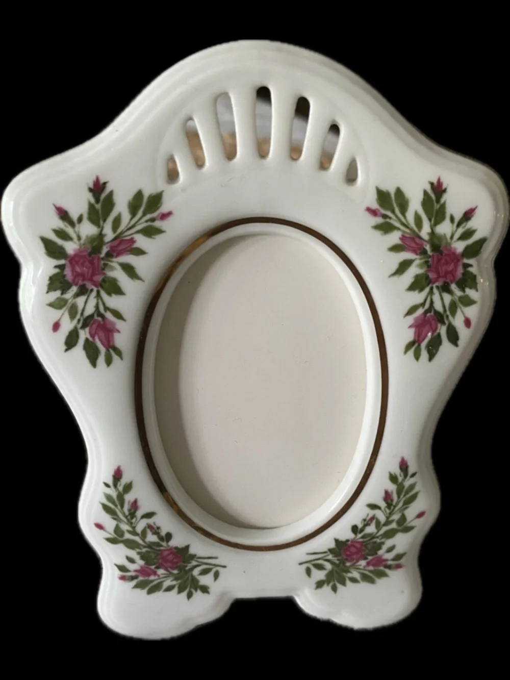 White Ceramic Floral Photo Frame with Pink Rose Motif